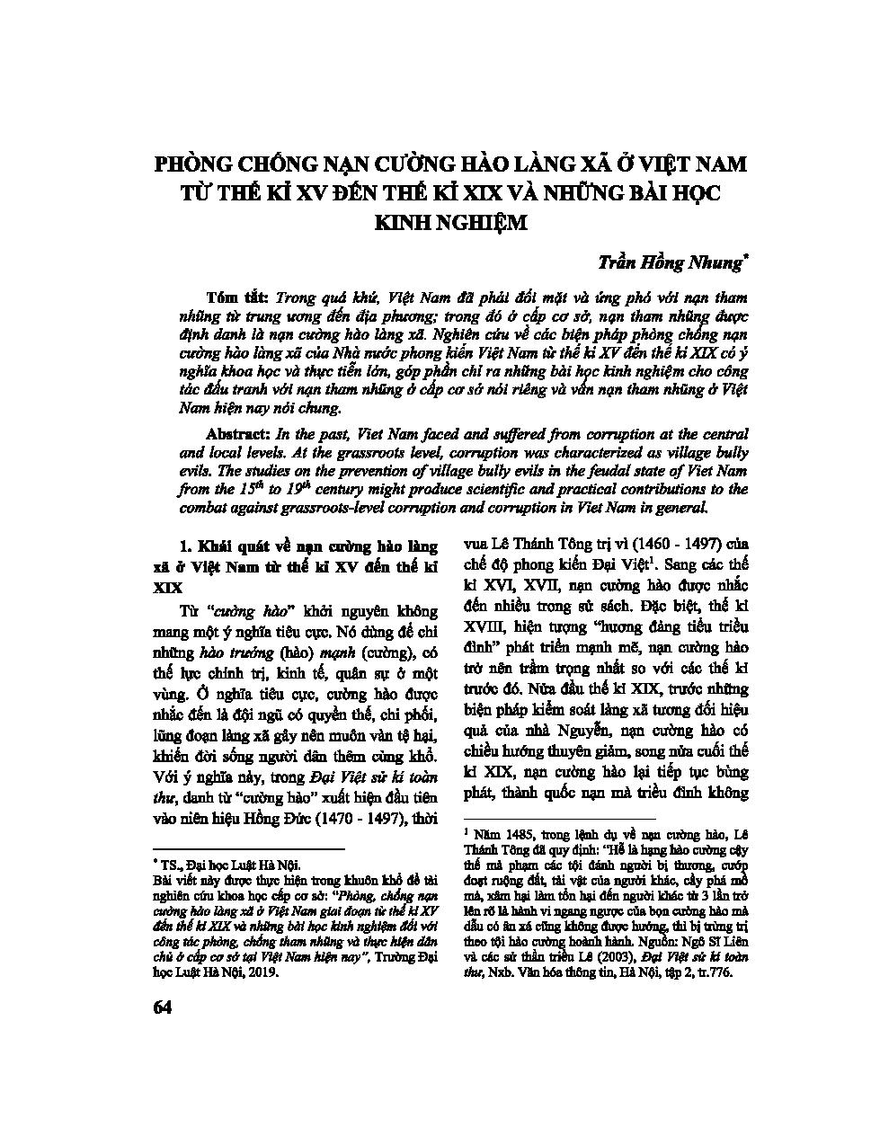 Phòng chống nạn cường hào làng xã ở Việt Nam từ thế kỷ XV đến thế kỷ XIX và những bài học kinh nghiệm