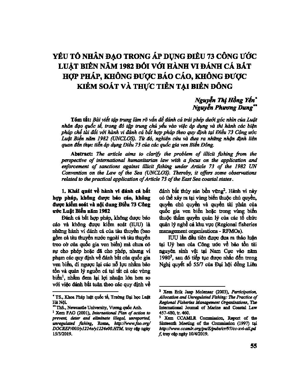 Yếu tố nhân đạo trong áp dụng Điều 73 Công ước Luật biển năm 1982 đối với hành vi đánh cá bất hợp pháp, không được báo cáo, không được kiểm soát và thực tiễn tại biển Đông