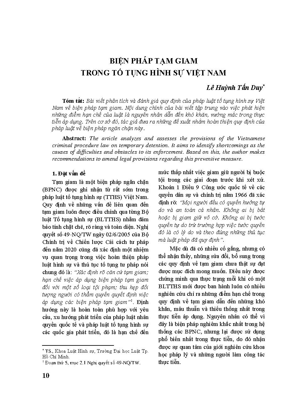 Biện pháp tạm giam trong Tố tụng hình sự Việt Nam