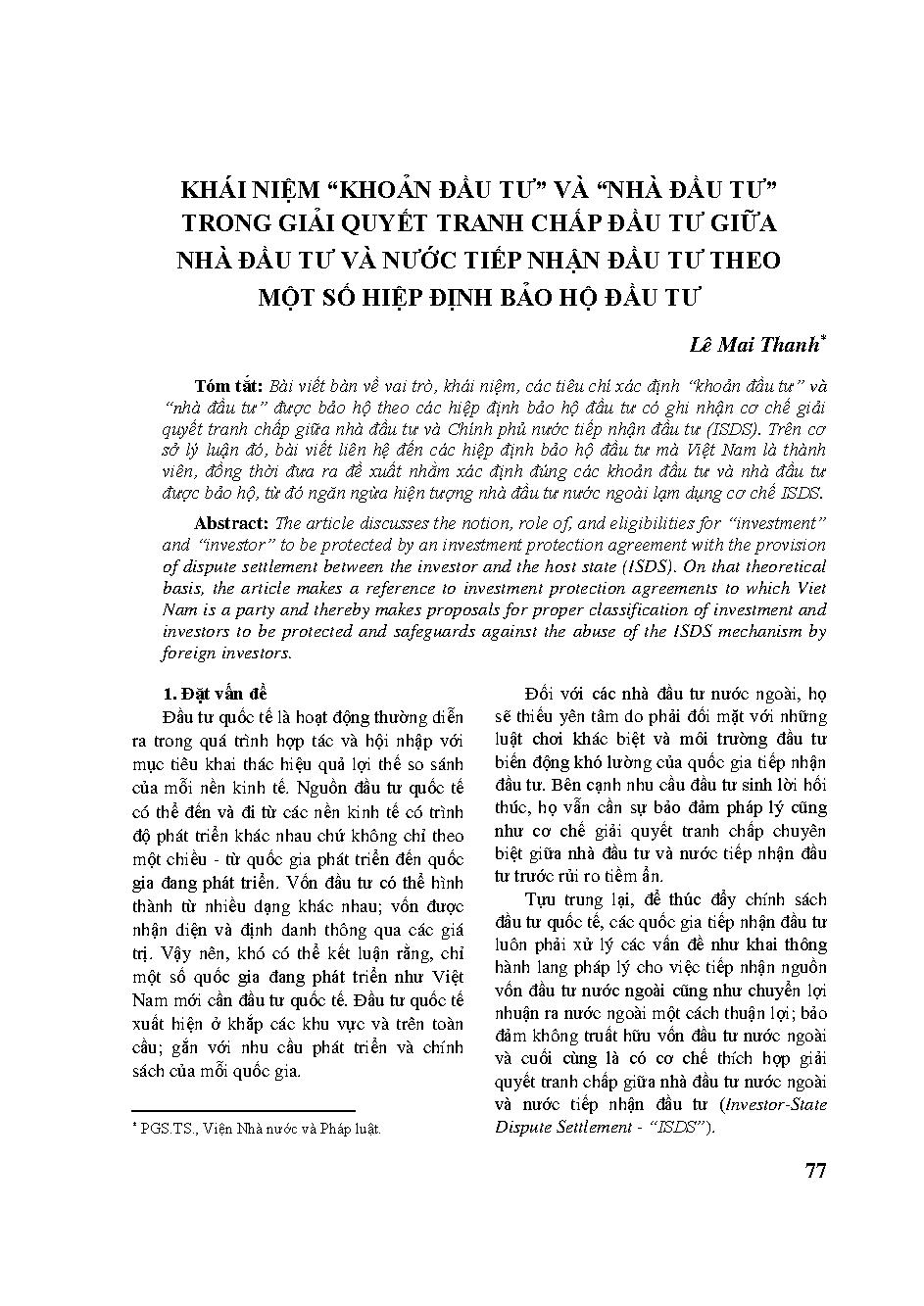 Khái niệm "khoản đầu tư" và "nhà đầu tư" trong giải quyết tranh chấp đầu tư giữa nhà đầu tư và nước tiếp nhận đầu tư theo một số hiệp định bảo hộ đầu tư