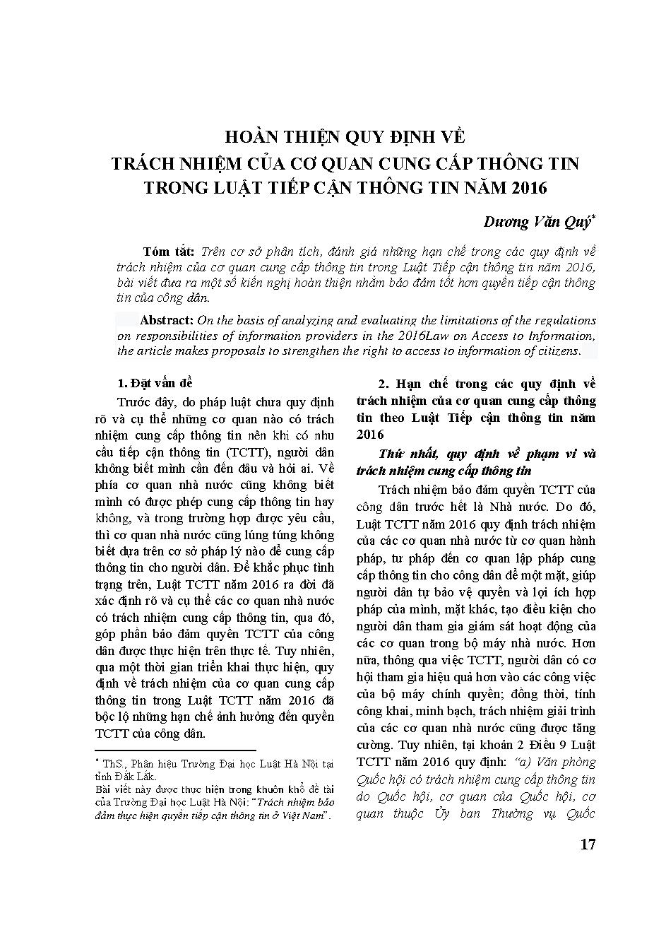Hoàn thiện quy định về trách nhiệm của cơ quan cung cấp thông tin trong Luật Tiếp cận thông tin năm 2016