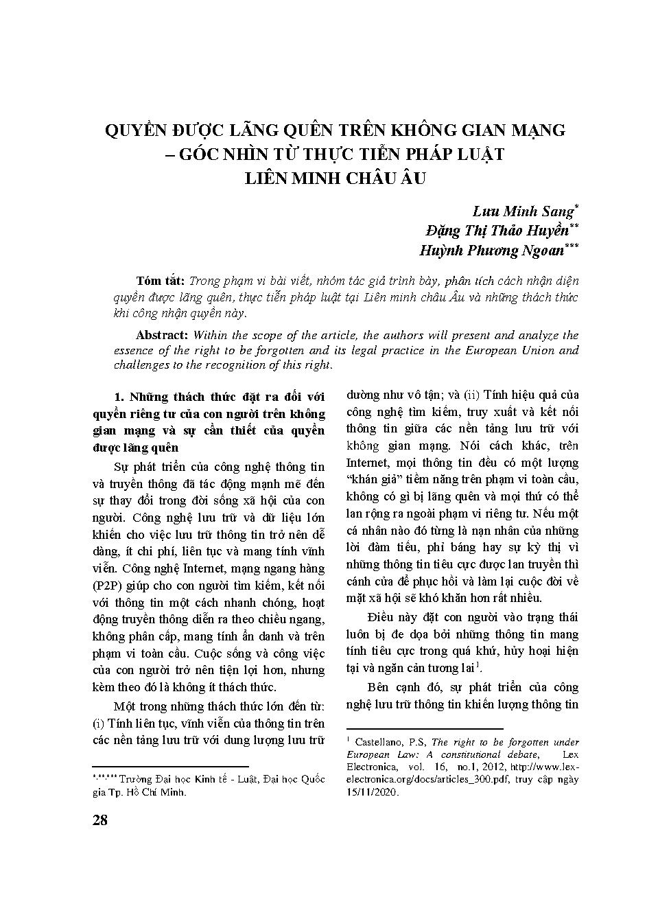 Quyền được lãng quên trên không gian mạng - Góc nhìn từ thực tiễn pháp luật Liên minh châu Âu