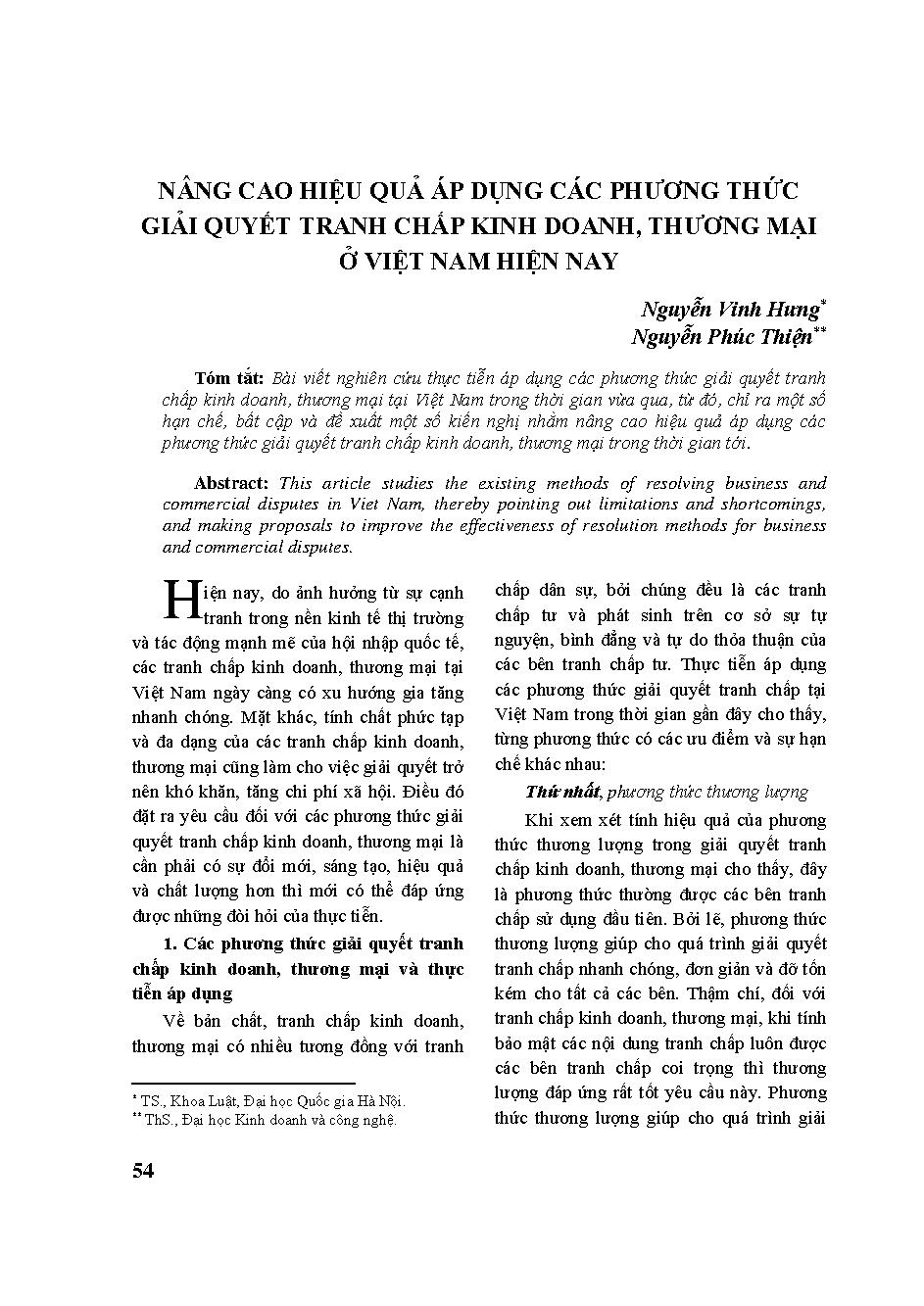 Nâng cao hiệu quả áp dụng các phương thức giải quyết tranh chấp kinh doanh, thương mại ở Việt Nam hiện nay