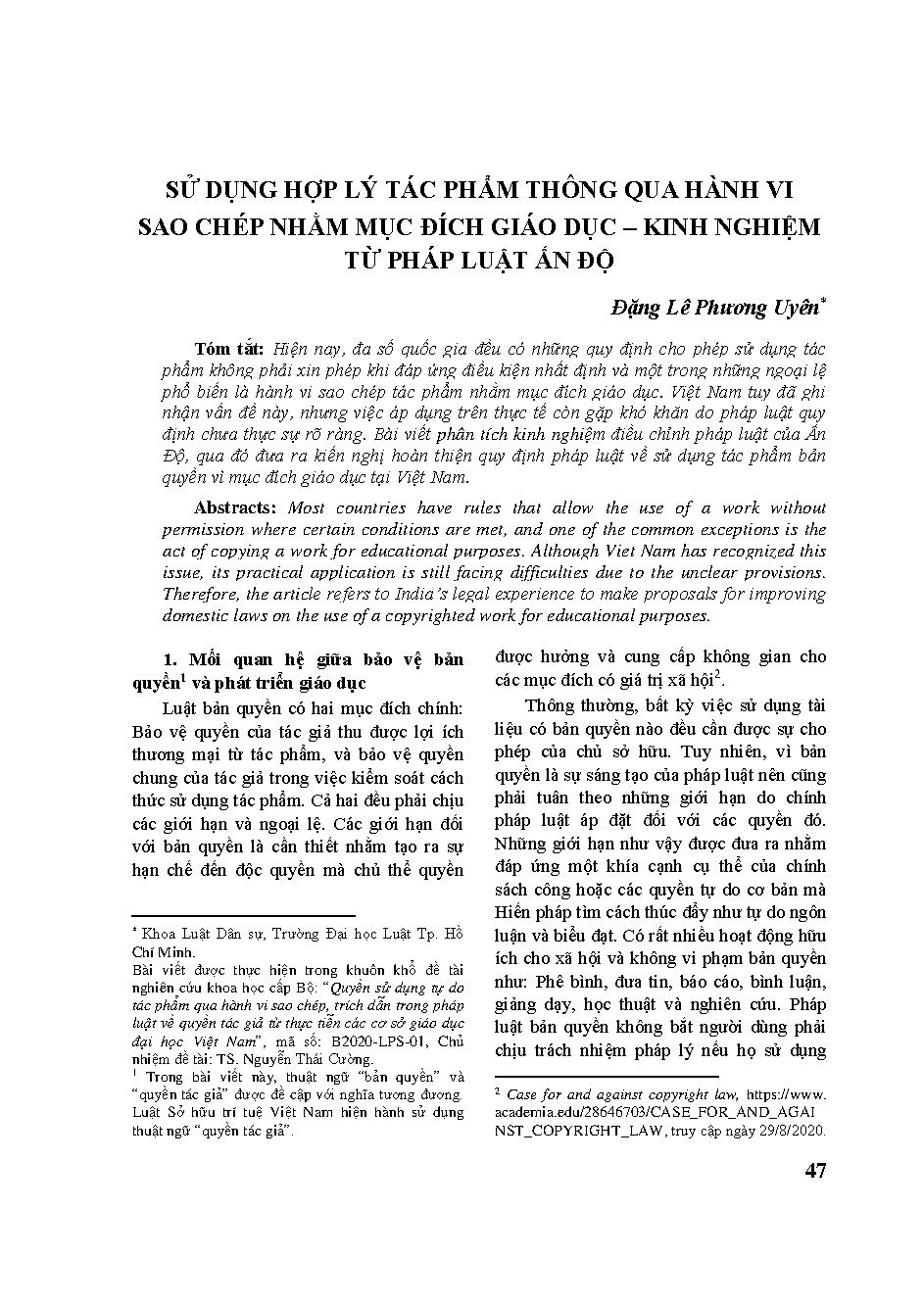 Sử dụng hợp lý tác phẩm thông qua hành vi sao chép nhằm mục đích giáo dục - kinh nghiệm từ pháp luật Ấn Độ