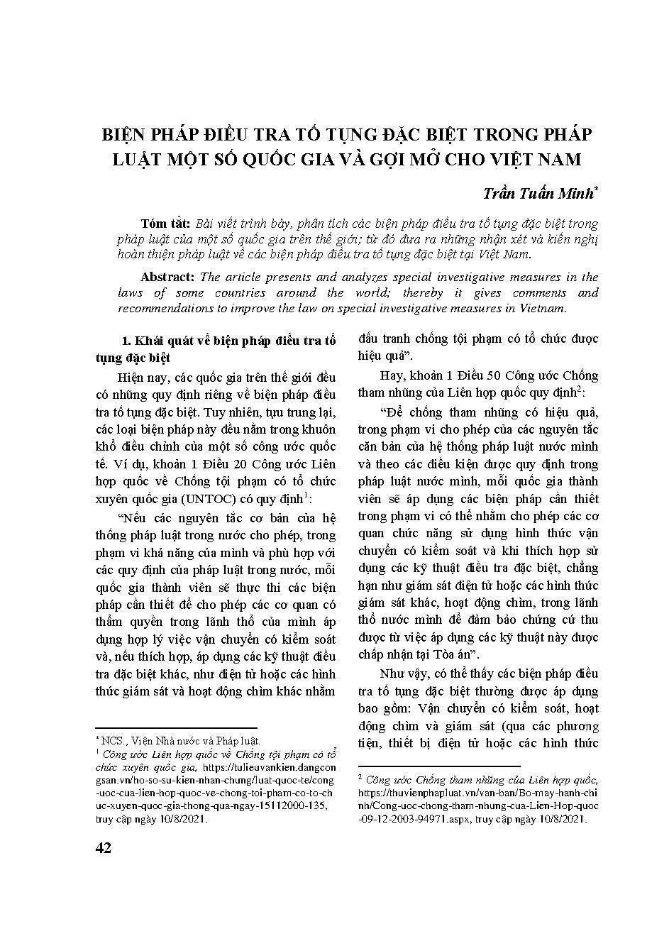 Biện pháp điều tra tố tụng đặc biệt trong pháp luật một số quốc gia và gợi mở cho Việt Nam