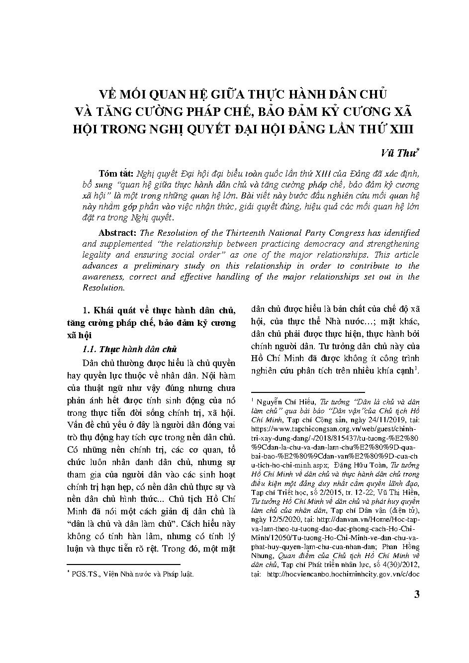 Về mối quan hệ giữ thực hành dân chủ và tăng cường pháp chế, bảo đảm kỷ cương xã hội trong nghị quyết đại hội Đảng lần thứ XIII