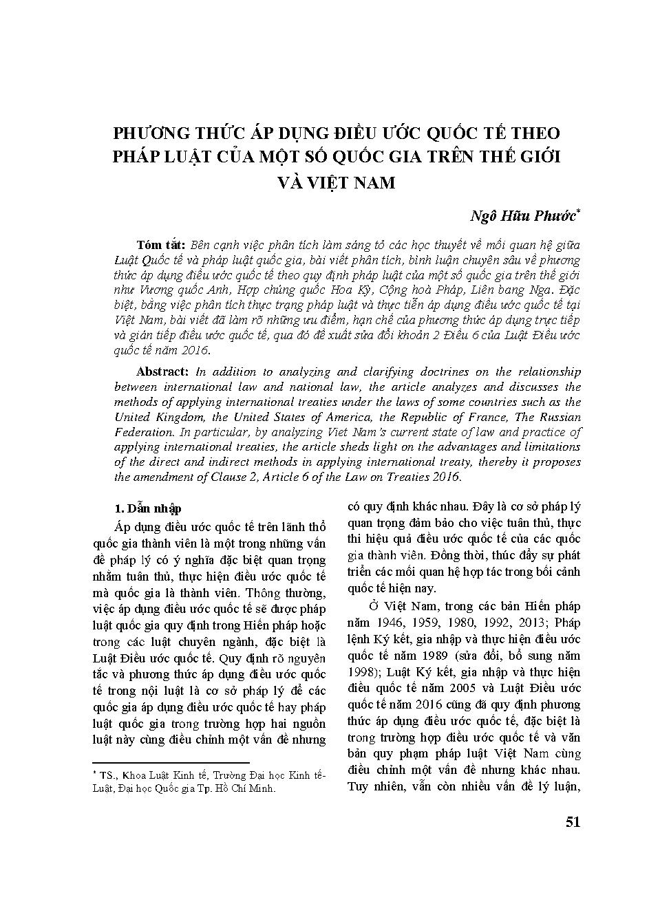 Phương thức áp dụng điều ước quốc tế theo pháp luật của một số quốc gia trên thế giới và Việt Nam