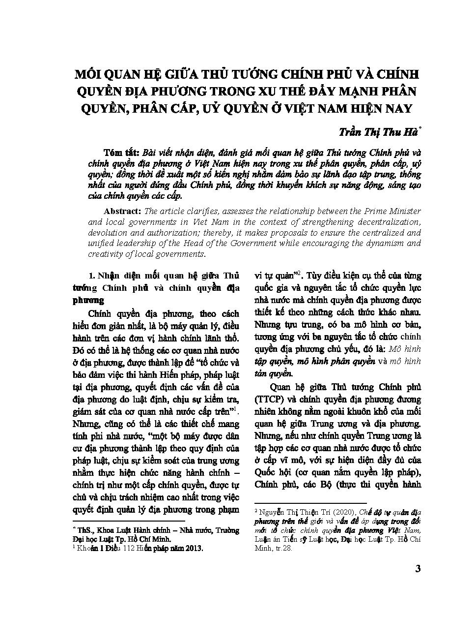 Mối quan hệ giữa thủ tướng chính phủ và chính quyền địa phương trong xu thế đẩy mạnh phân quyền, phân cấp, ủy quyền ở Việt Nam hiện nay
