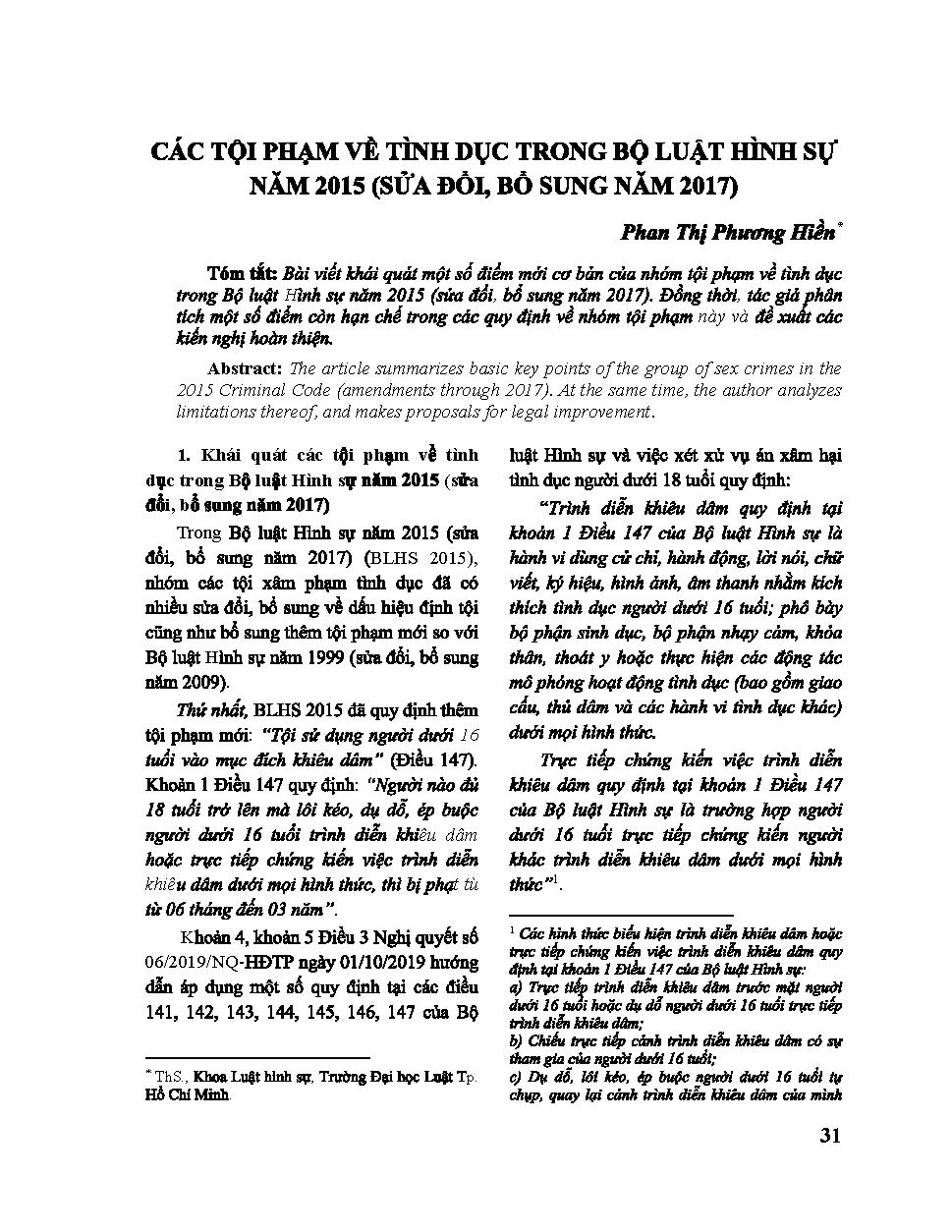 Các tội phạm về tình dục trong Bộ luật Hình sự năm 2015 ( sửa đổi, bổ sung năm 2017)