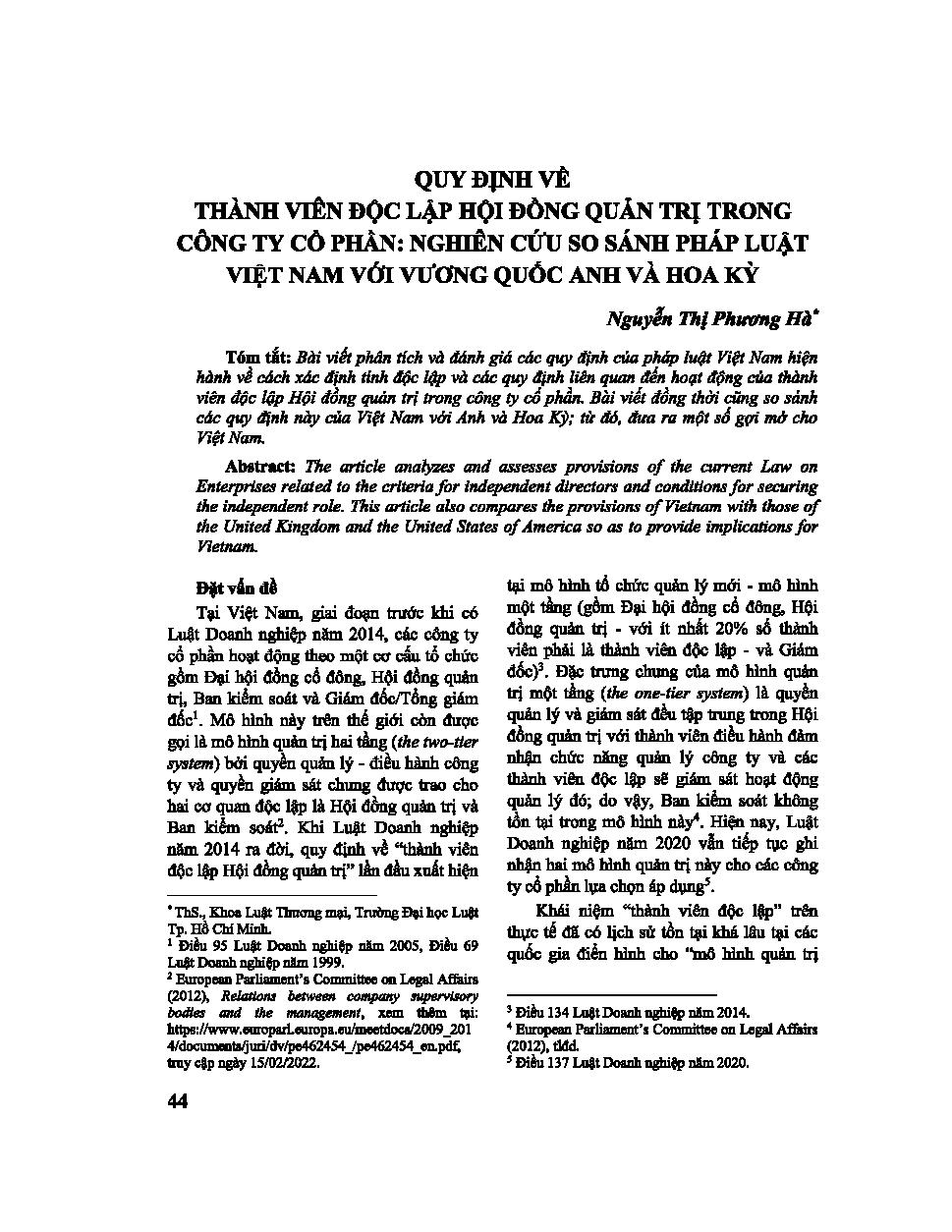 Quy định về thành viên độc lập Hội đồng quản trị trong công ty cổ phần: Nghiên cứu so sánh pháp luật Việt Nam với Vương quốc Anh và Hoa Kỳ