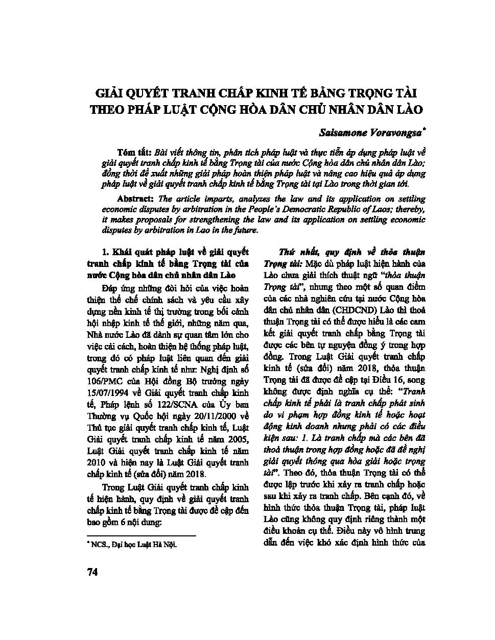 Giải quyết tranh chấp kinh tế bằng trọng tài theo pháp luật Cộng hòa dân chủ nhân dân Lào