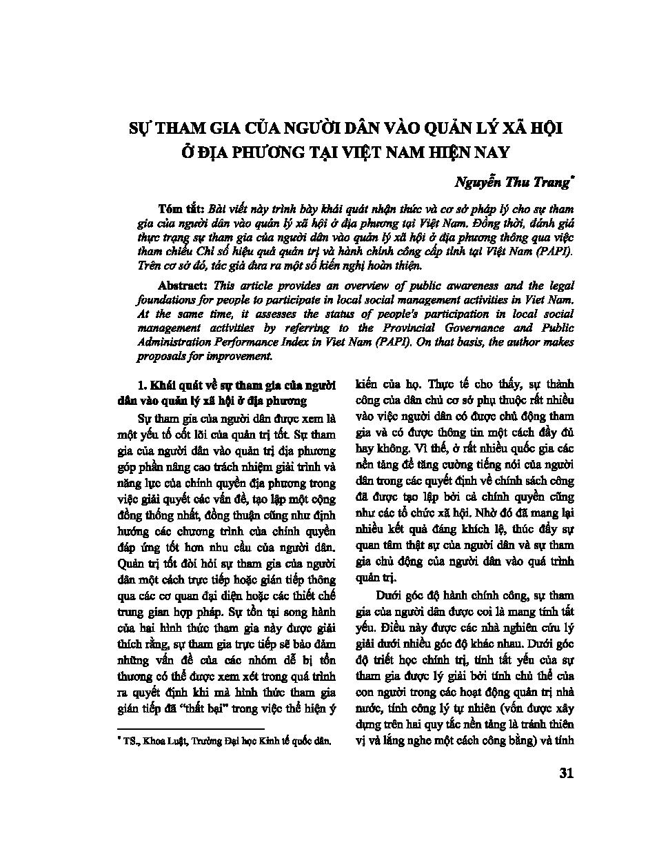 Sự tham gia của người dân vào quản lý xã hội ở địa phương tại Việt Nam hiện nay