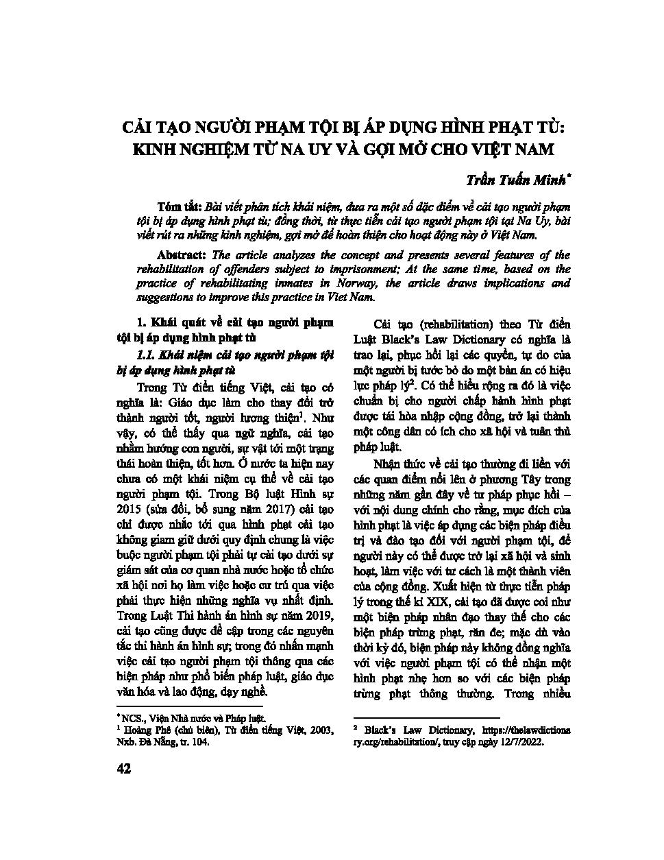 Cải tạo người phạm tội bị áp dụng hình phạt tù; Kinh nghiệm từ Na Uy và gợi mở cho Việt Nam