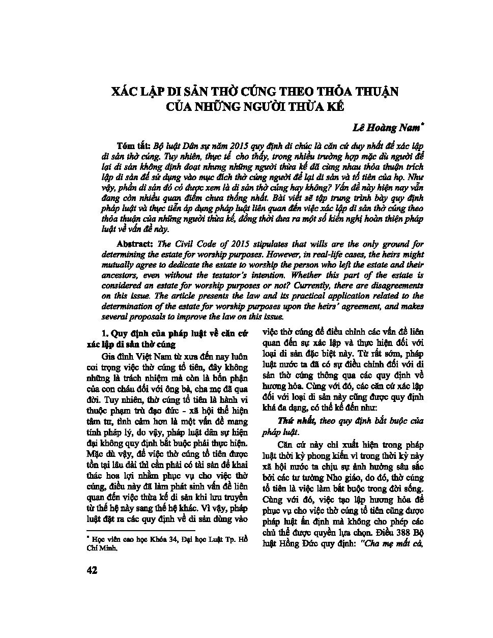 Xác lập di sản thờ cúng theo thoả thuận của những người thừa kế