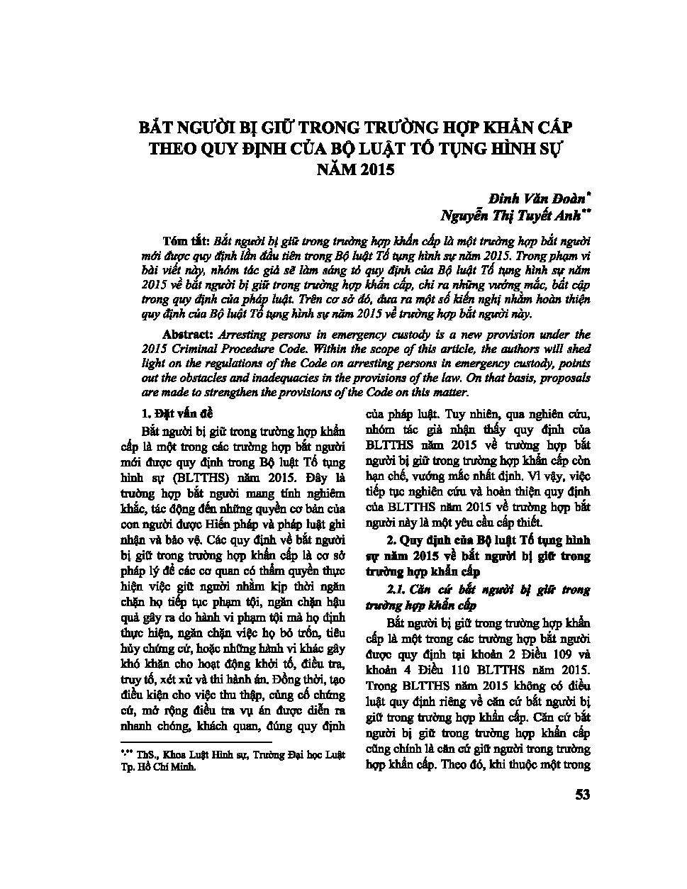 Bắt người bị giữ trong trường hợp khẩn cấp theo quy định của Bộ luật Tố tụng hình sự năm 2015