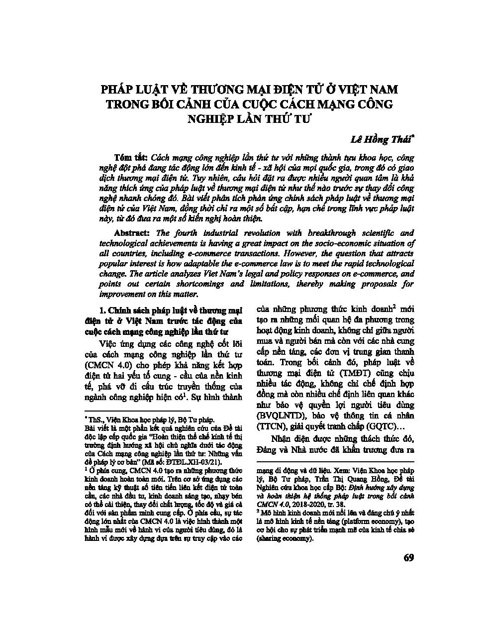 Pháp luật về thương mại điện tử ở Việt Nam trong bối cảnh của cuộc cách mạng công nghiệp lần thứ tư