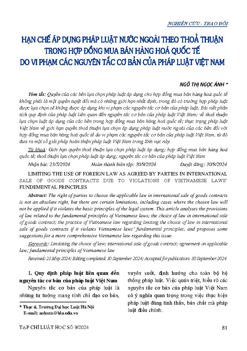 Hạn chế áp dụng pháp luật nước ngoài theo thoả thuận trong hợp đồng mua bán hàng hoá quốc tế do vi phạm các nguyên tắc cơ bản của pháp luật Việt Nam