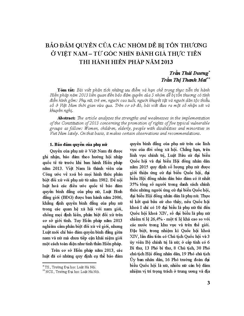 Bảo đảm quyền của các nhóm dễ bị tổn thương ở Việt Nam - Từ góc nhìn đánh giá thực tiễn thi hành Hiến pháp 2013