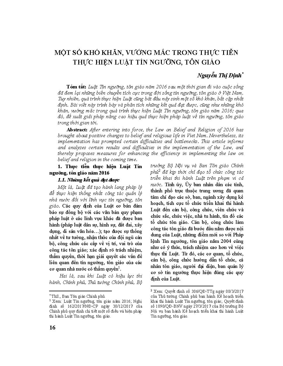 Một số khó khăn, vướng mắc trong thực tiễn thực hiện Luật Tín ngưỡng, tôn giáo