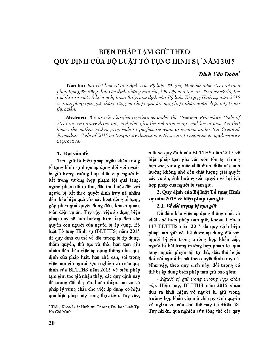 Biện pháp tạm giữ theo quy định của Bộ luật Tố tụng Hình sự năm 2015