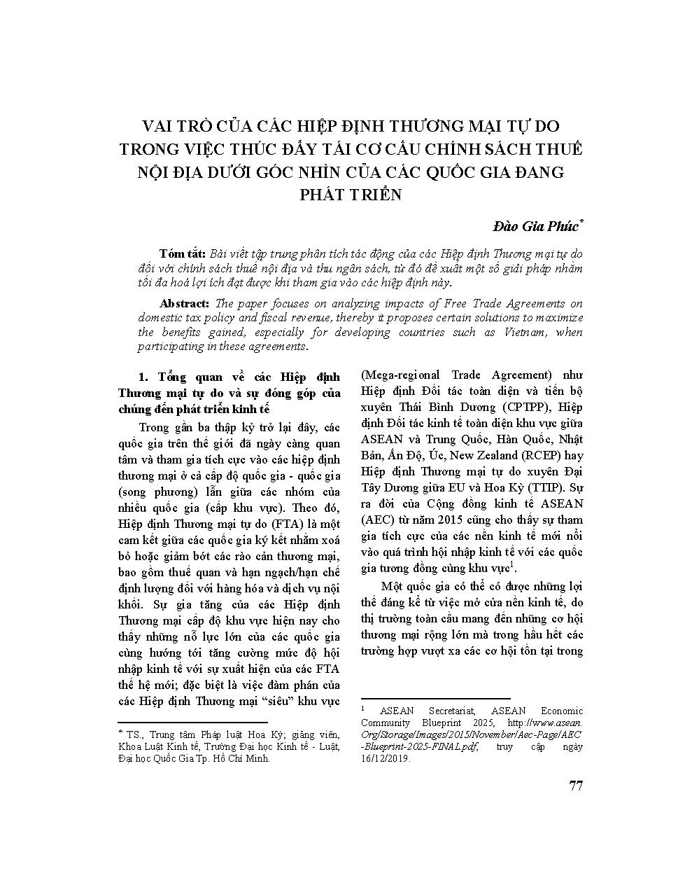 Vai trò của các Hiệp định Thương mại tự do trong việc thúc đẩy tái cơ cấu chính sách thuế nội địa dưới góc nhìn của các quốc gia đang phát triển