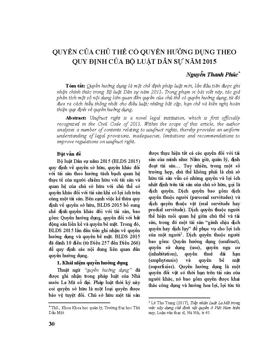 Quyền của chủ thể có quyền hưởng dụng theo quy định của bộ luật Dân sự năm 2015
