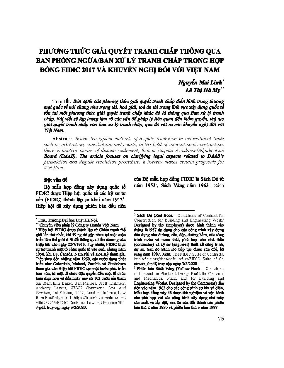 Phương pháp giải quyết tranh chấp thông qua ban phòng ngừa/ ban xử lý tranh chấp trong hợp đồng FIDIC 2017 và khuyến nghị đối với Việt Nam