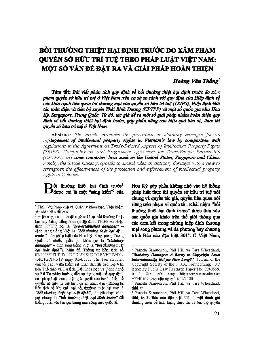 Bồi thường thiệt hại định trước do xâm phạm quyền sở hữu trí tuệ theo pháp luật Việt Nam: Một số vấn đề đặt ra và giải pháp hoàn thiện