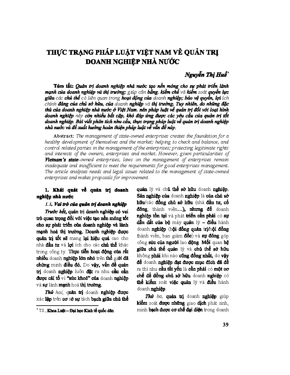 Thực trạng pháp luật Việt Nam về quản trị doanh nghiệp nhà nước
