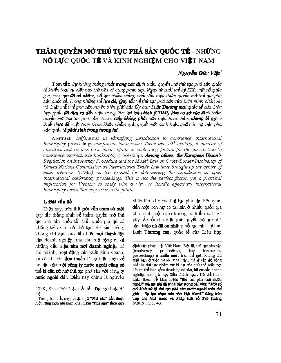 Thẩm quyền mở thủ tục phá sản quốc tế - những nỗ lực quốc tế và kinh nghiệm cho Việt Nam