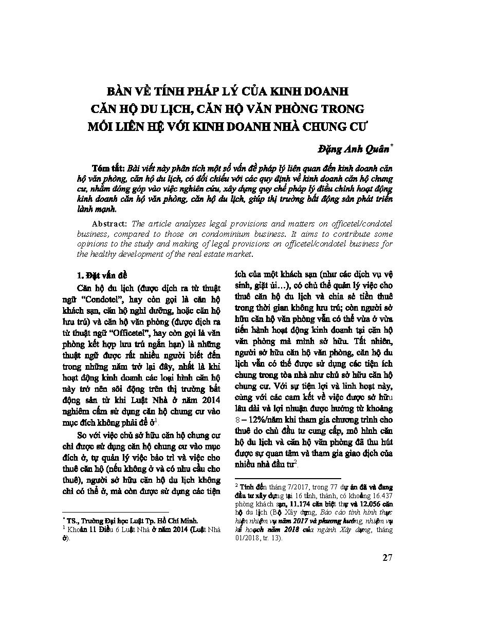 Bàn về tính chất pháp lý của kinh doanh căn hộ du lịch, căn hộ văn phòng trong mối liên hệ với kinh doanh nhà chung cư