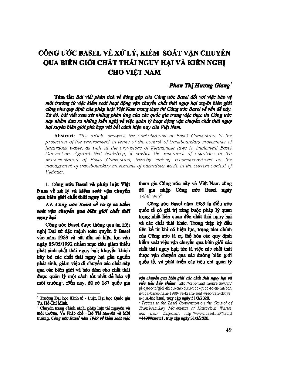 Công ước Basel về xử lý, kiểm soát vận chuyển qua biên giới chất thải nguy hại và kiến nghị cho Việt Nam