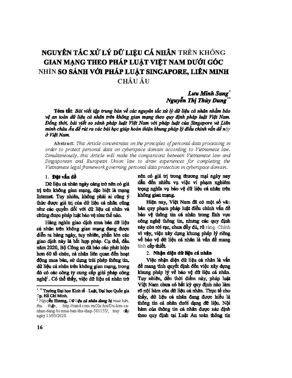 Nguyên tắc xử lý dữ liệu cá nhân trên không gian mạng theo pháp luật Việt Nam dưới góc nhìn so sánh với pháp luật Singapore, Liên minh châu Âu