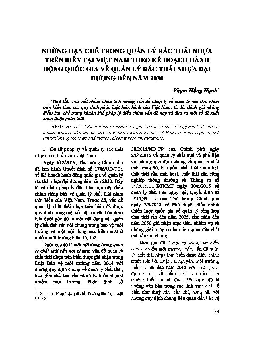 Những hạn chế trong quản lý rác thải nhựa trên biển tại Việt Nam theo kế hoạch hành động quốc gia về quản lý rác thải nhựa đại dương đến năm 2030