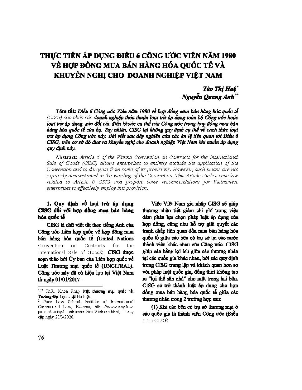 Thực tiễn áp dụng Điều 6 Công ước Viên năm 1980 về hợp đồng mua bán hàng hóa quốc tế và khuyến nghị cho doanh nghiệp Việt Nam