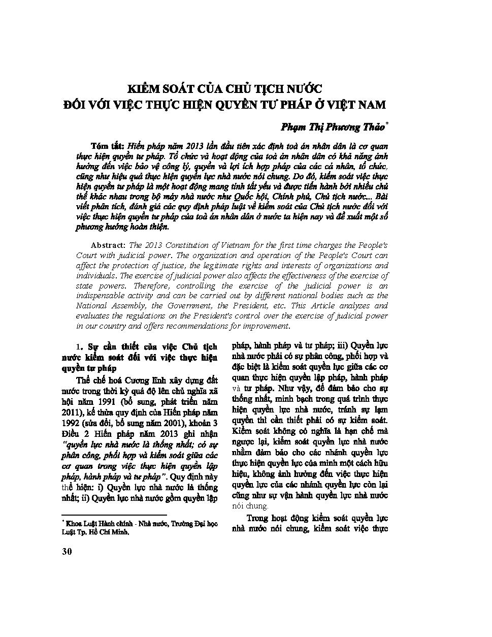 Kiểm soát của Chủ tịch nước đối với việc thực hiện quyền tư pháp ở Việt Nam