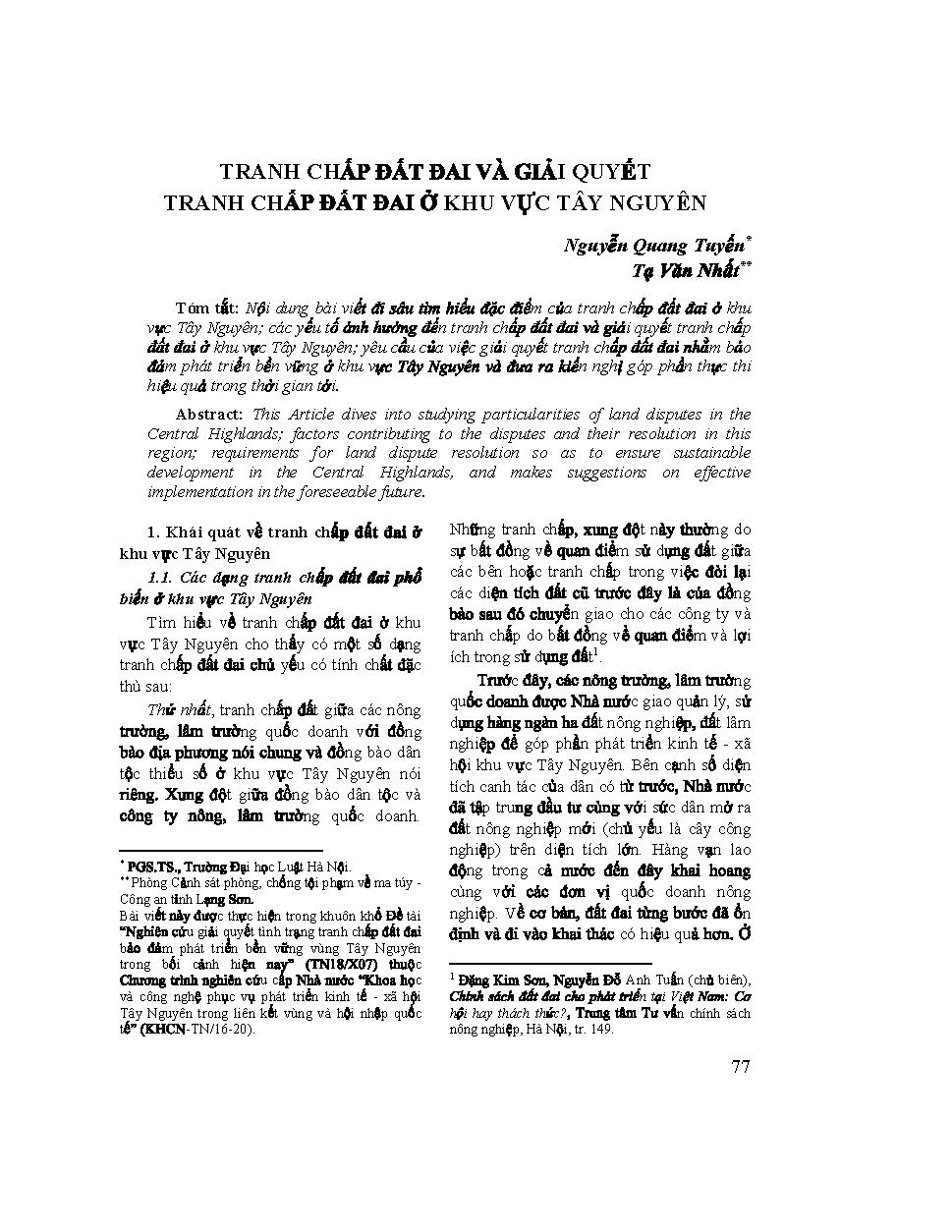 Tranh chấp đất đai và giải quyết tranh chấp đất đại ở khu vực Tây Nguyên