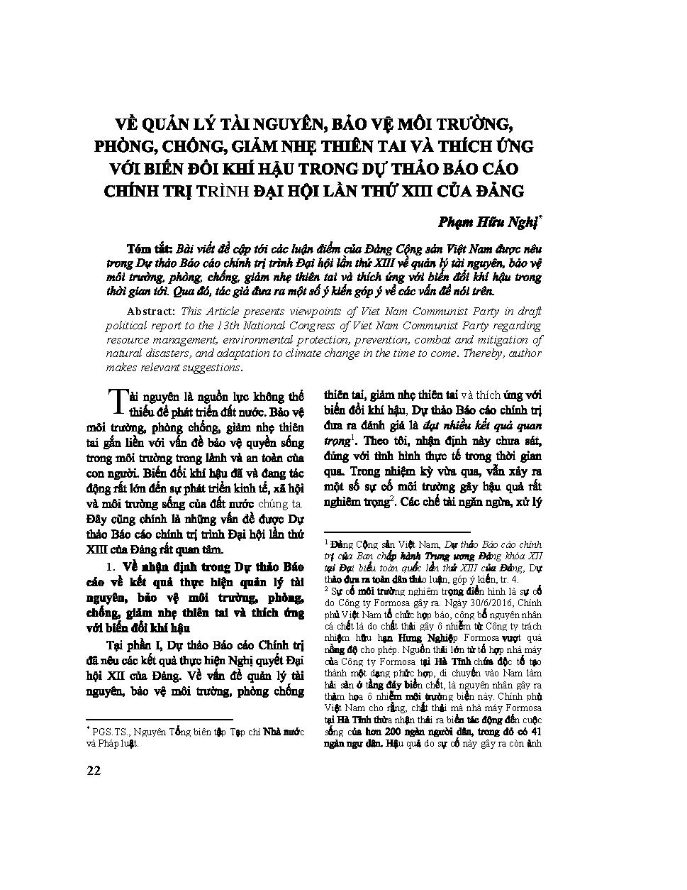 Về quản lý tài nguyên, bảo vệ môi trường, phòng, chống, giảm nhẹ thiên tai và thích ứng với biến đổi khí hậu trong dự thảo báo cáo chính trị đại hội lần thứ XIII của Đảng