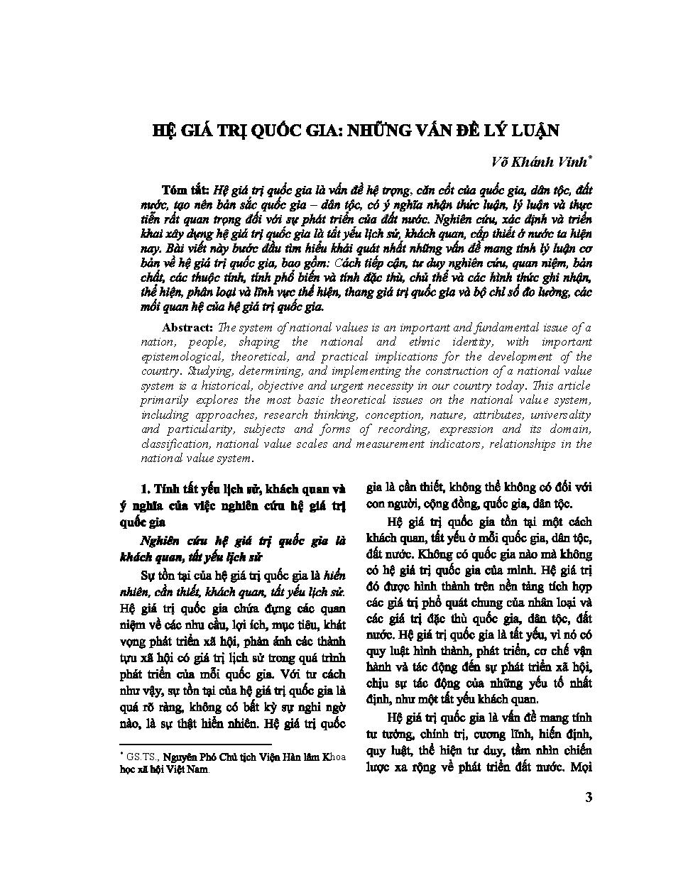 Hệ giá trị quốc gia: Những vấn đề lý luận