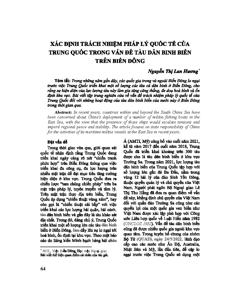 Xác định trách nhiệm pháp lý quốc tế của Trung Quốc trong vấn đề tàu dân binh biển trên Biển Đông
