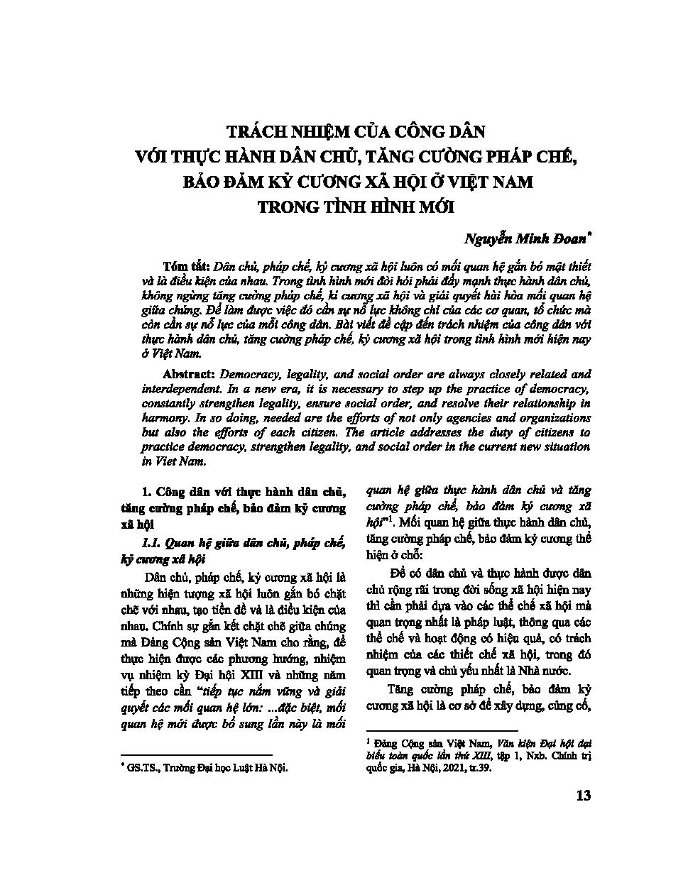 Trách nhiệm của công dân với thực hành dân chủ, tăng cường pháp chế, đảm bảo kỷ cương xã hội ở Việt Nam trong tình hình mới