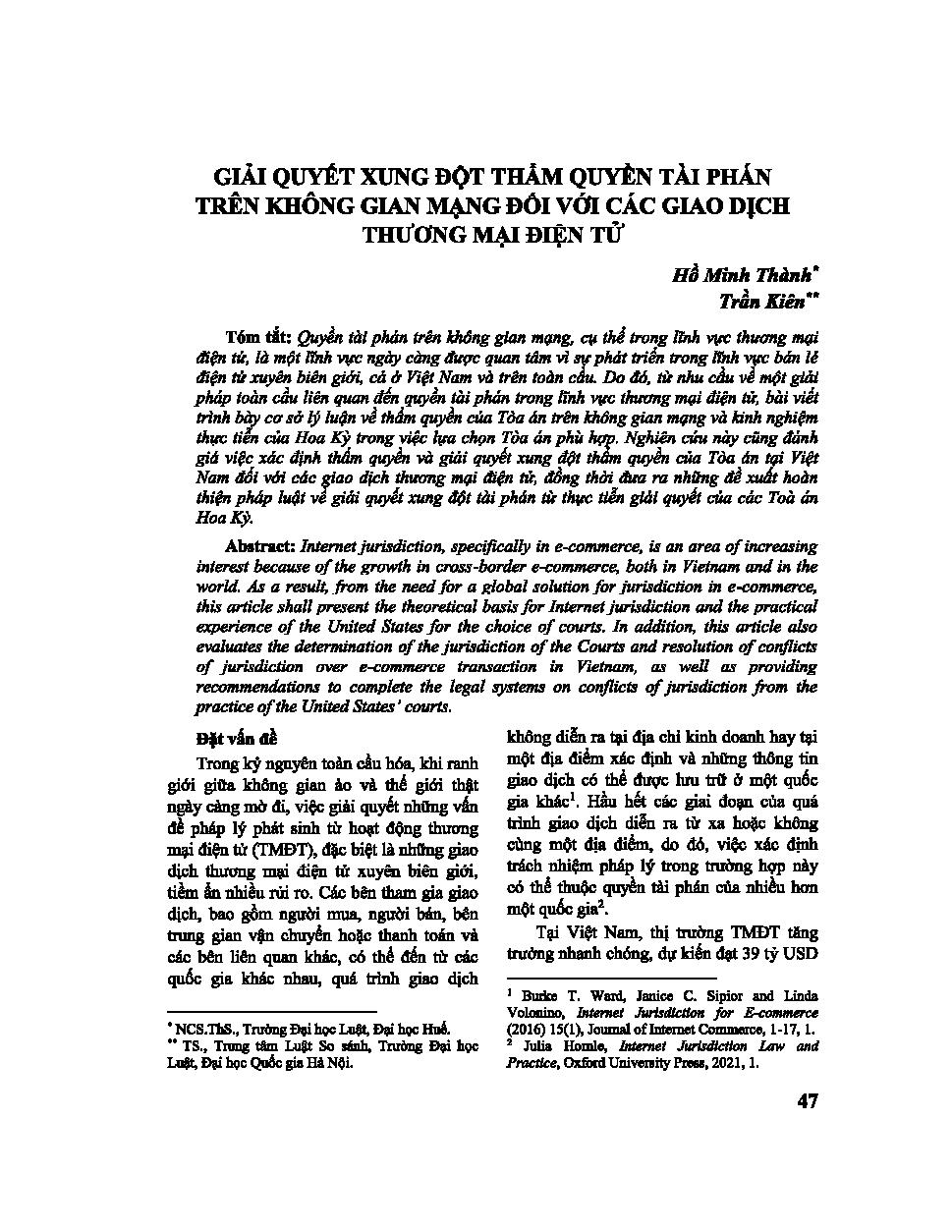 Giải quyết xung đột thẩm quyền tài phán trên không gian mạng đối với các giao dịch thương mại điện tử