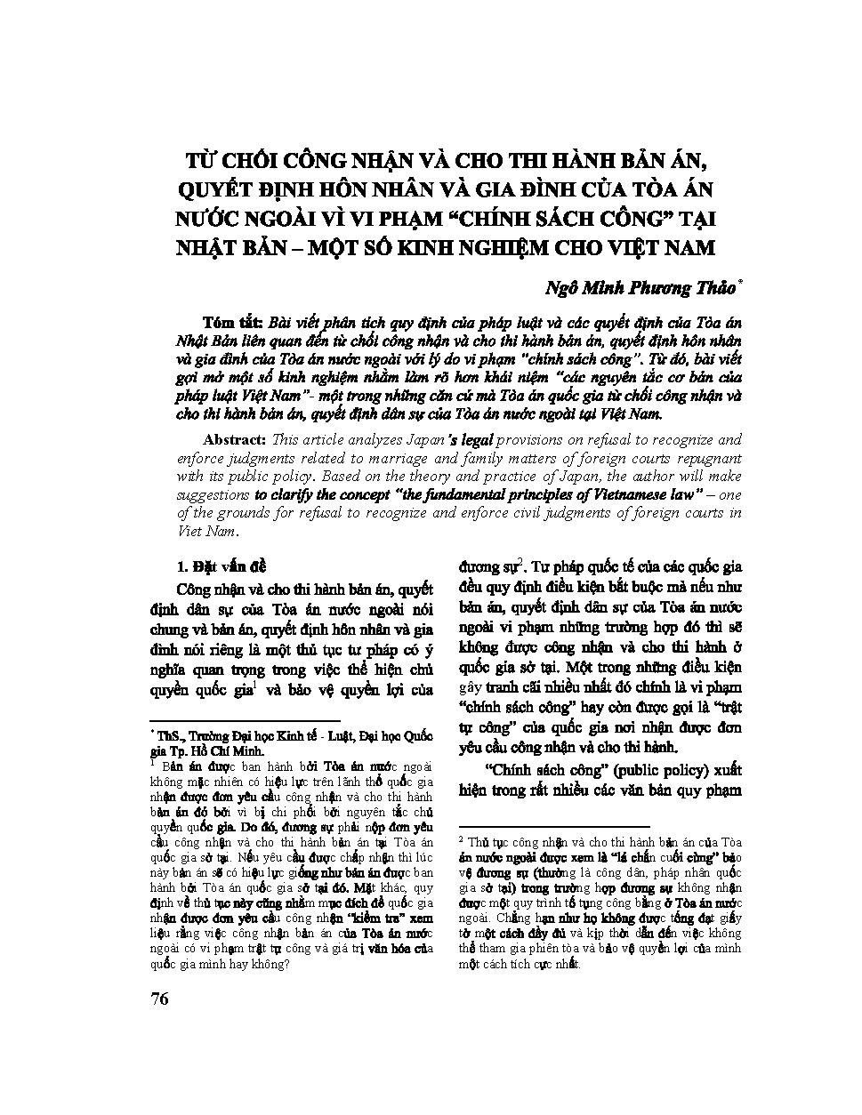 Từ chối nhận và cho thi hành bán án, quyết định hôn nhân và gia đình của Tòa án nước ngoài vì vi phạm " chính sách công" tại Nhật bản - Một số kinh nghiệm cho Việt Nam