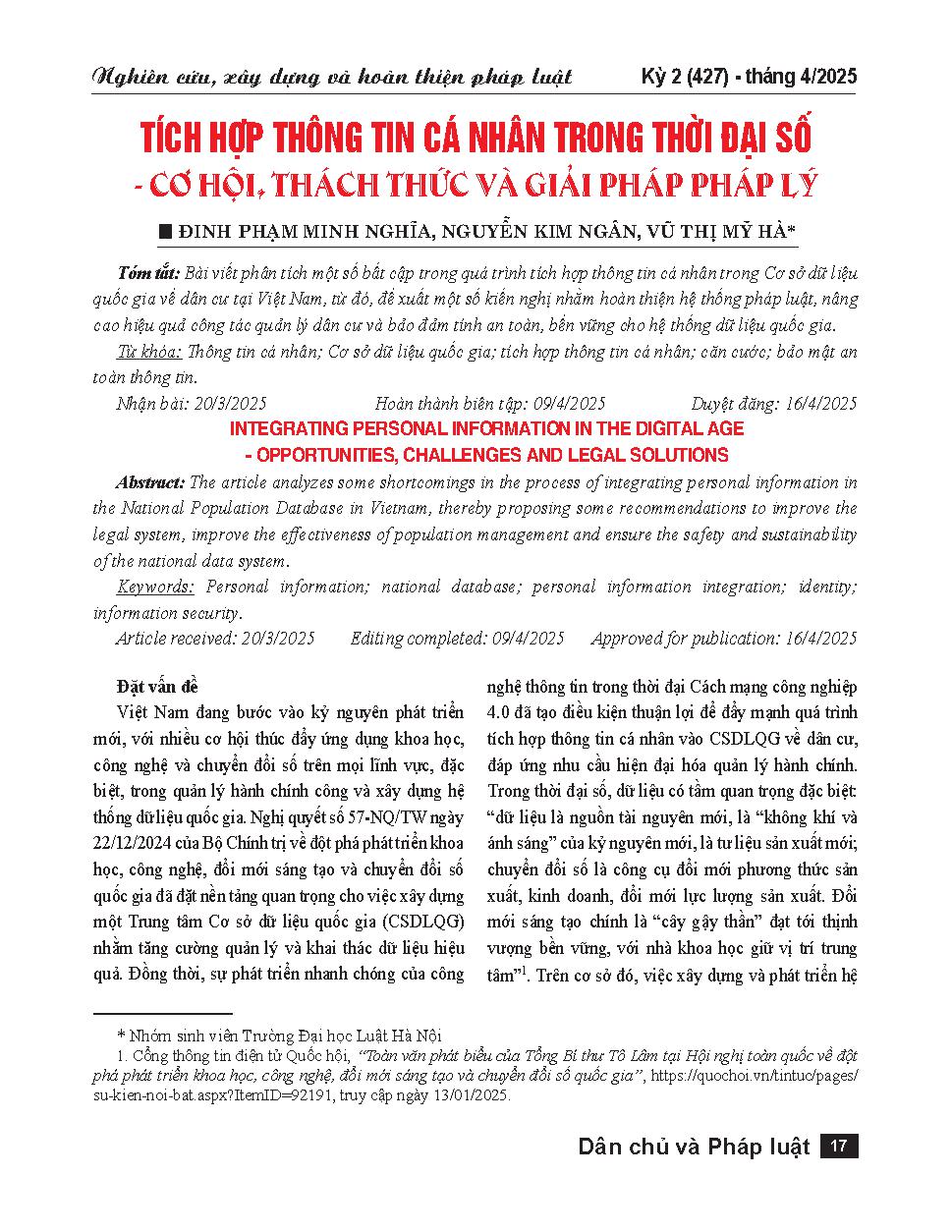 Tích hợp thông tin cá nhân trong thời đại số - Cơ hội, thách thức và giải pháp pháp lý