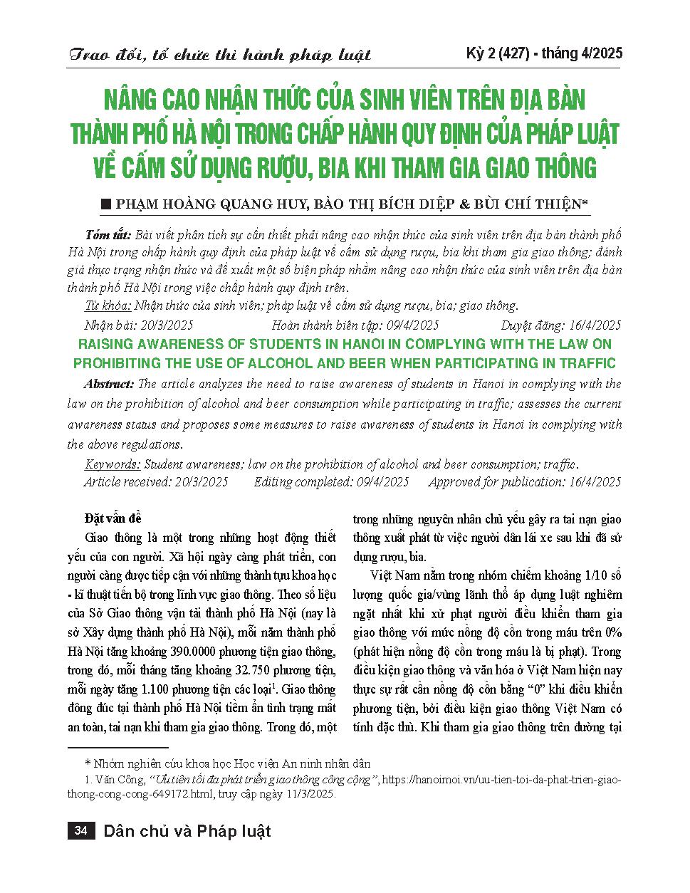 Nâng cao nhận thức của sinh viên trên địa bàn thành phố Hà Nội trong chấp hành quy định của pháp luật về cấm sử dụng rượu, bia khi tham gia giao thông