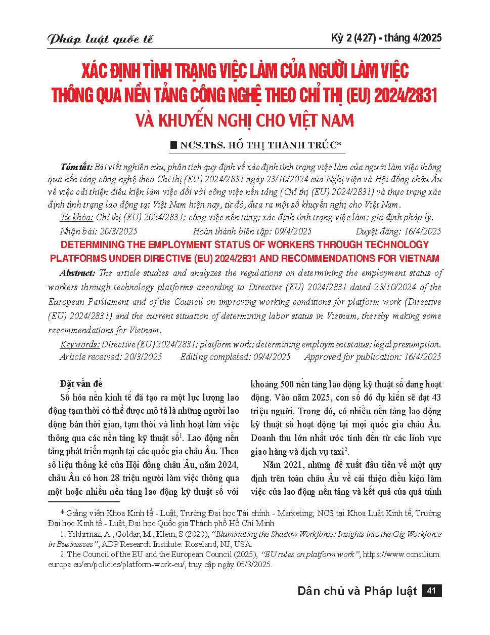 Xác định tình trạng việc làm của người làm việc thông qua nền tảng công nghệ theo chỉ thị (EU) 2024/2831 và khuyến nghị cho Việt Nam