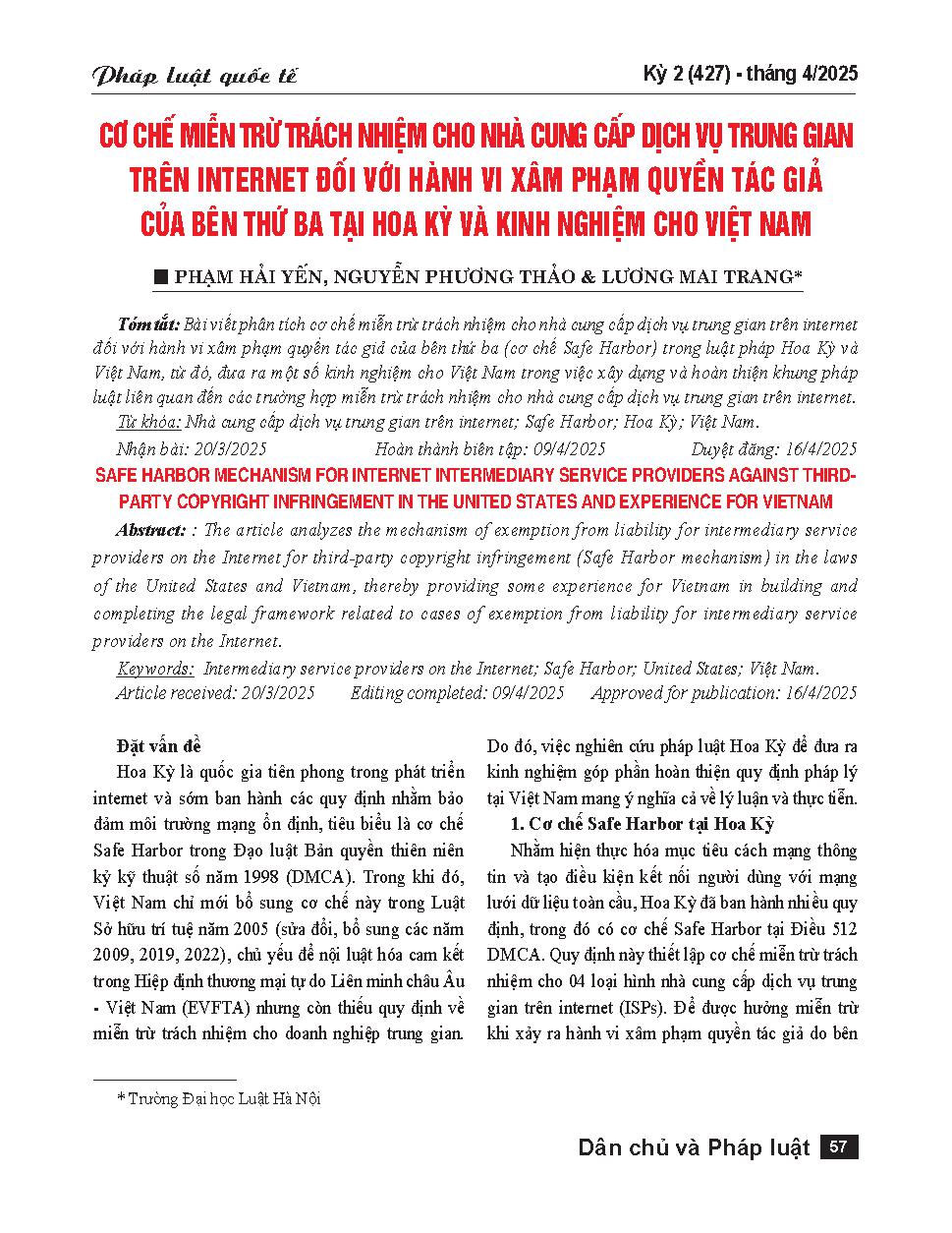 Cơ chế miễn trừ trách nhiệm cho nhà cung cấp dịch vụ trung gian trên internet đối với hành vi xâm phạm quyền tác giả của bên thứ ba tại Hoa Kỳ và kinh nghiệm cho Việt Nam
