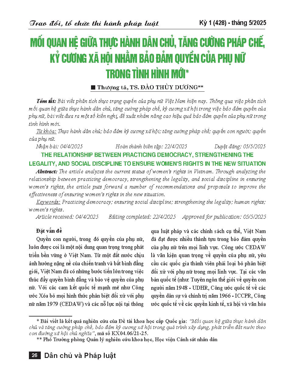 Mối quan hệ giữa thực hành dân chủ, tăng cường pháp chế, kỷ cương xã hội nhằm bảo đảm quyền của phụ nữ trong tình hình mới