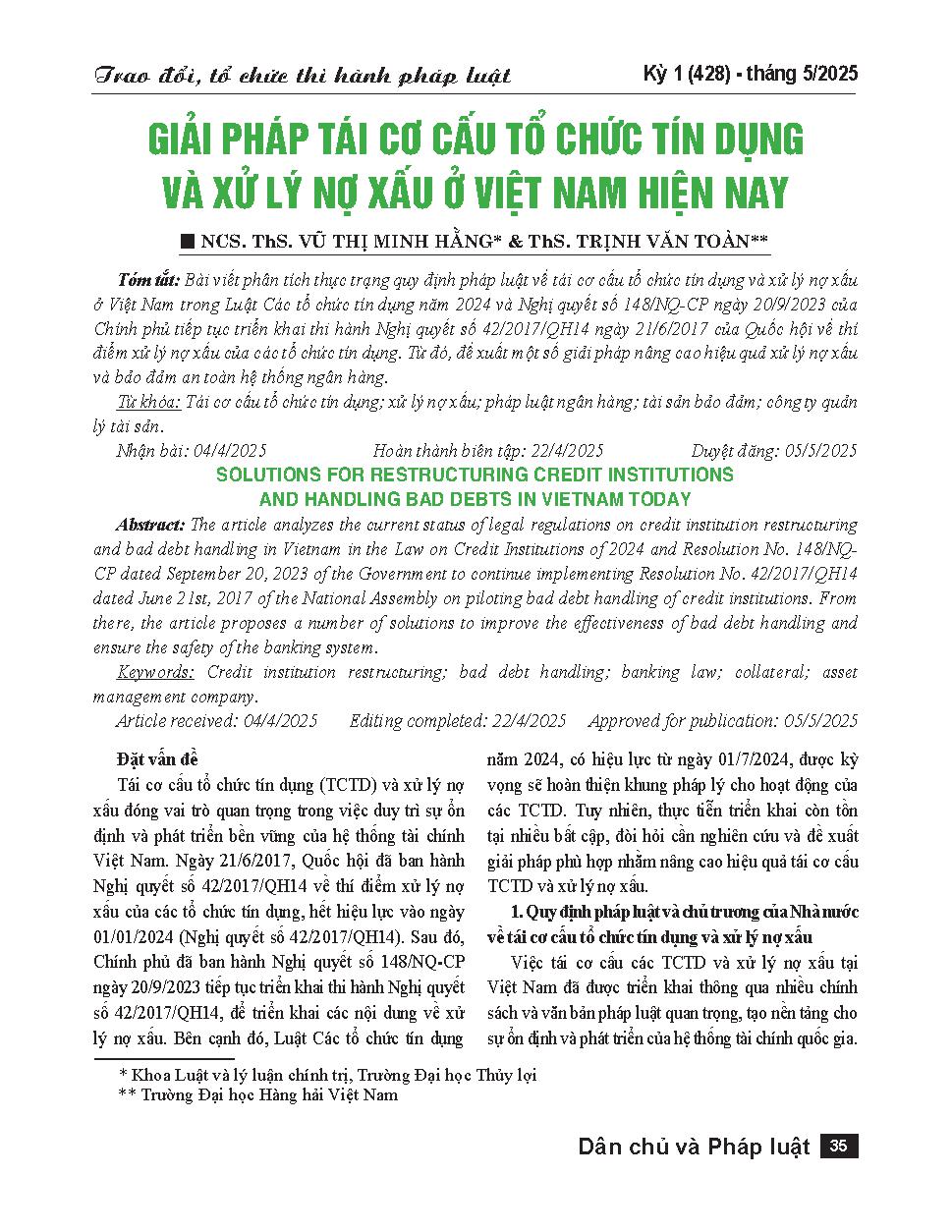 Giải pháp tái cơ cấu tổ chức tín dụng và xử lý nợ xấu ở Việt Nam hiện nay