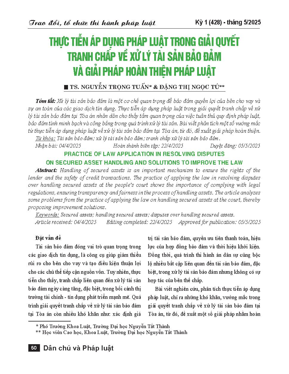 Thực tiễn áp dụng pháp luật trong giải quyết tranh chấp về xử lý tài sản bảo đảm và giải pháp hoàn thiện pháp luật